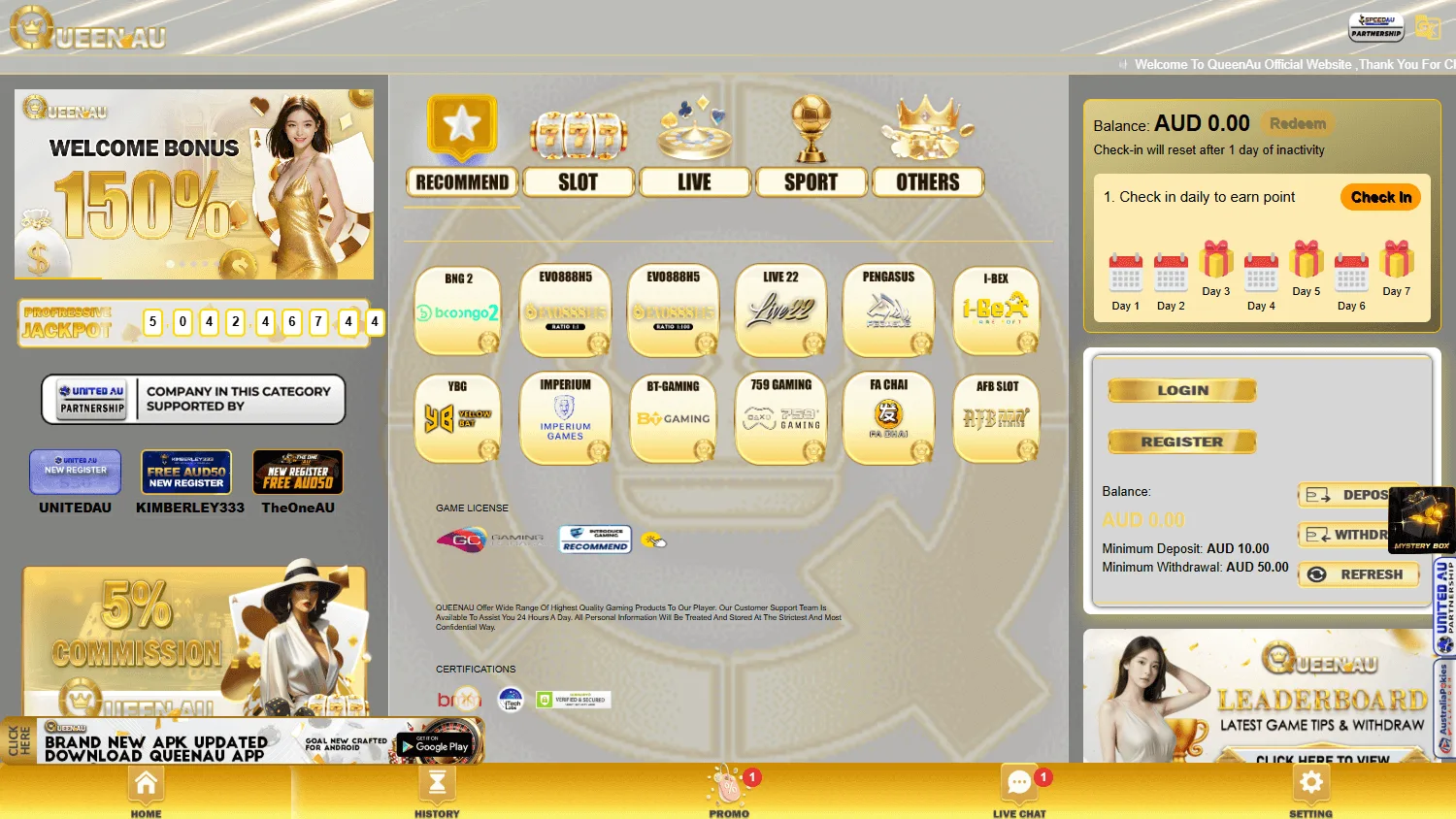 Queenau Casino desktop home experience